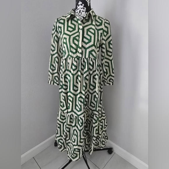 Zara Ecru White Green Geo Geometric Print Karen Tiered Midi Size S - Picture 4 of 16